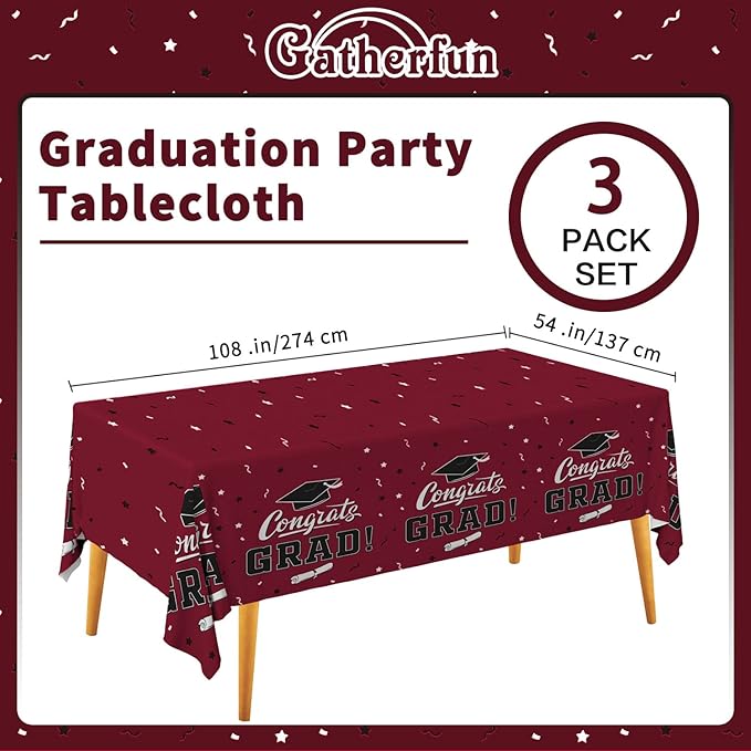 Gatherfun Graduation Tablecloths Graduation Party Table Decorations Waterproof Plastic Rectangular Disposable Table Cover for Congrats Grad Party Supplies 3PCS 54x108 Inch, Maroon