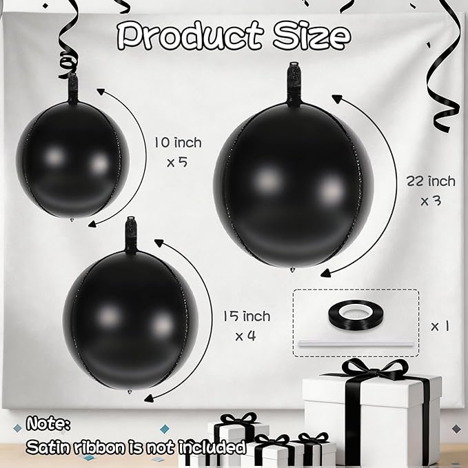 Togvu Black Round Foil Balloons, 12PCS Different Sizes 4D Metallic Balloon Large Black Sphere Mirror Ball Balloons for Prom Graduation Halloween Birthday Party Ceiling Decorations Supplies