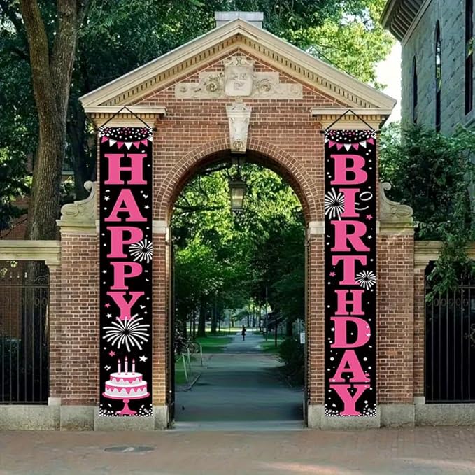 12x71 inch Birthday Party Porch Banner Durable pink and black fireworks cake design, suitable for indoor and outdoor hanging decorations for birthdays, anniversaries, or graduation ceremonies. Made of weather resistant polyester material, it is easy to...
