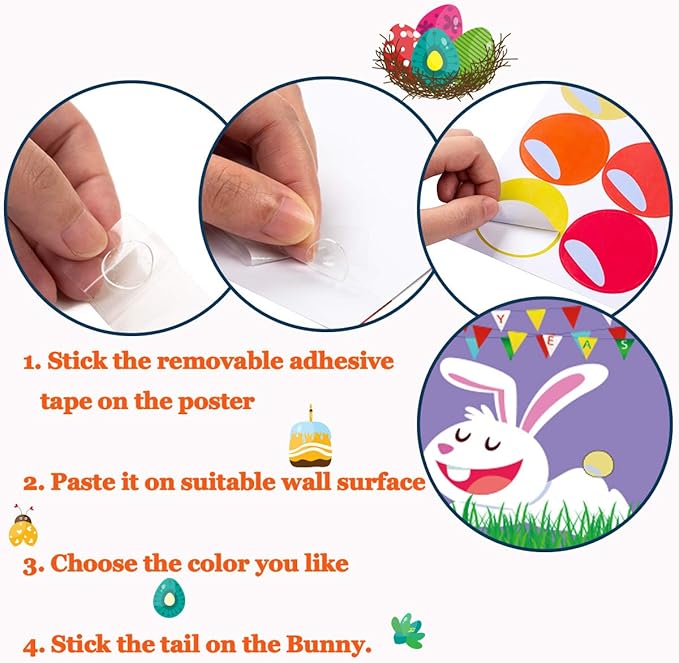 Funnlot Easter Games for Kids Pin The Tail on The Bunny with 24 Stickers Easter Party Games Easter Rabbit Game for Easter Party Decorations Easter Egg Hunt Activities