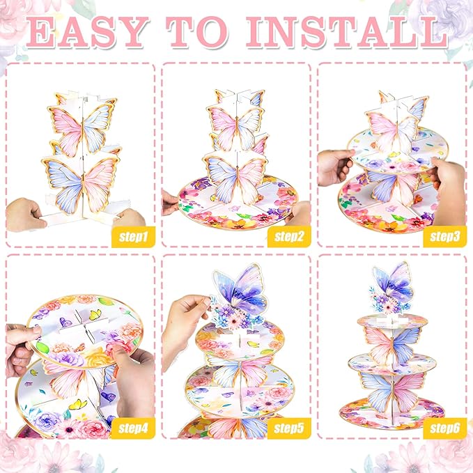 Butterfly Cupcake Stand,3 Tier Cupcake Tower,Butterfly Decorations with Floral Crown for Birthday Wedding Baby Shower Party Supplies Pink Purple Butterfly Dessert Cake Tower Stand