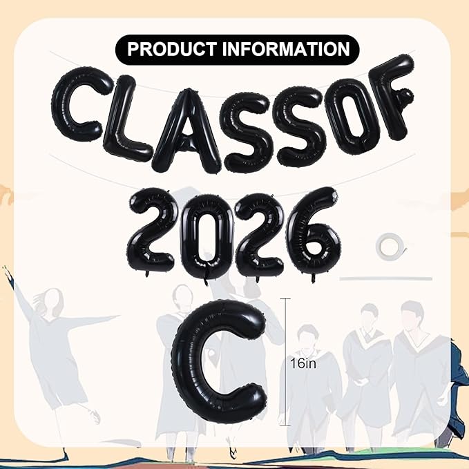 TONIFUL Black Class of 2026 Graduation Balloon Banners Foil Balloons Decorations 2026 Congrats Grad Balloons for Class of 2026 Congratulation Graduations Party Supplies