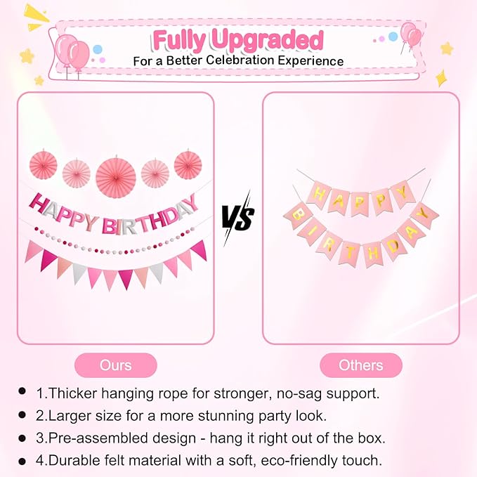 Pre-Strung Happy Birthday Banner, Reusable Felt Birthday Party Decorations, 3D Effect Happy Birthday Sign with Felt Ball Garland, Pennant Flag, Hanging Paper Fans for Men Women Boy Girls (Pink)