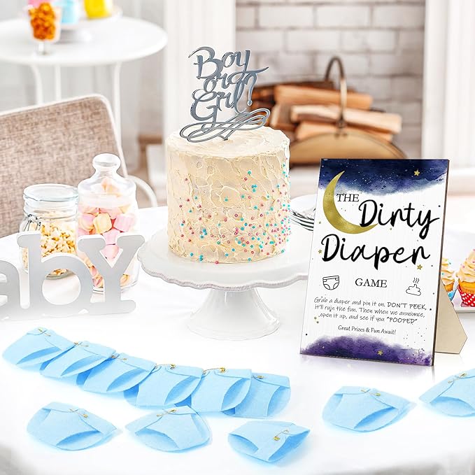 Roowest 51 Pcs Dirty Diaper Baby Shower Games Funny Wooden Sign with 50 Pcs Mini Diapers Cute Felt for Gender Reveal Party Baby Shower(Star Moon)