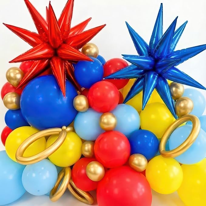 Super Hero Hedgehog Theme party decorations with 107Pcs Red Blue Yellow Gold Balloon Garland Arch Kit foil lightning Star balloons birthday banner for kids cartoon themed Baby Shower decor