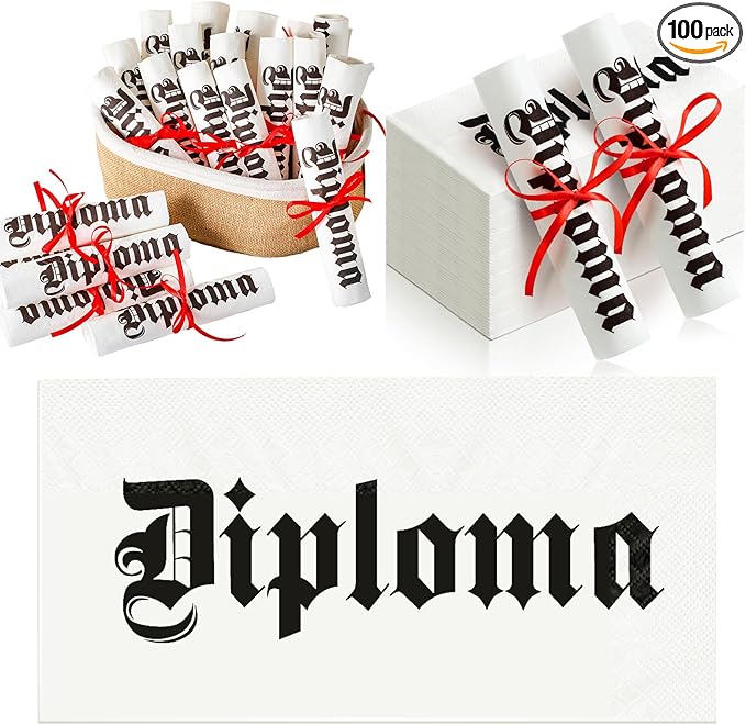 100 Set Graduation Diploma Guest Napkins Red Black and White Rolled Silverware Disposable Grad Award Dinner Napkin with Ribbon and Scissors for Celebration (diploma, Red, 100 Pcs)