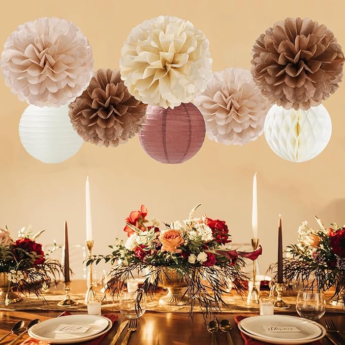 Boho Brown Champagne Beige Paper Flowers Tissue Pom Poms Honeycomb Lanterns 15pcs Party Decorations Fall Thanksgiving Rustic Wedding Baby Shower Neutral Birthday Autumn Hanging Supplies Decor