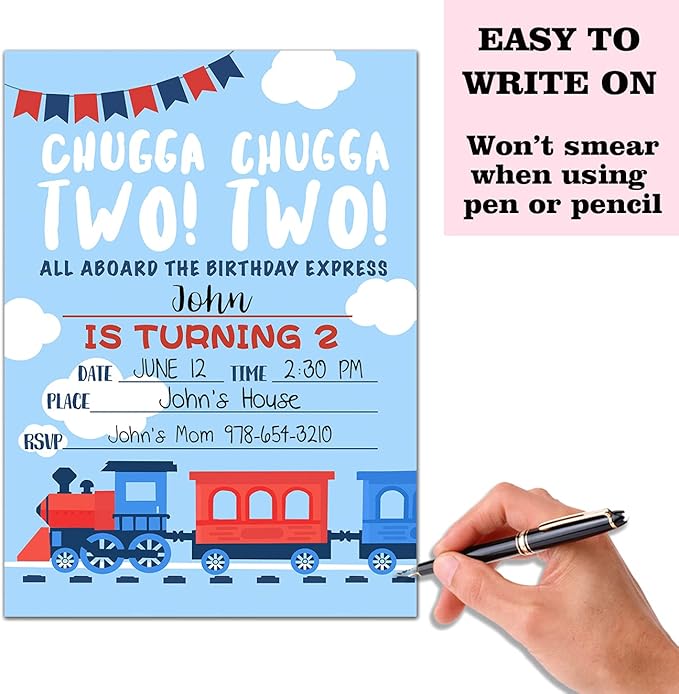 Birthday Party Invitation Cards, Stream Train Party Celebration, 2nd Birthday Chugga Chugga Two Two Train，Party Supplies, Favors, 20 Cards With 20 Envelopes – (blue 2y)