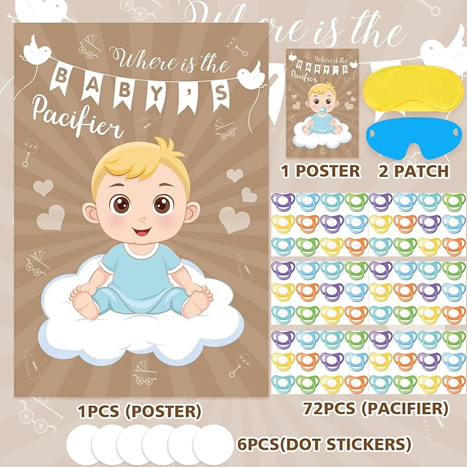 Hxezoc Baby Shower Game Pin The Pacifier On The Baby with 72 Pcs Pacifier Stickers, Large Baby Party Games Poster for Boys Kids Baby Shower Birthday Party Supplies