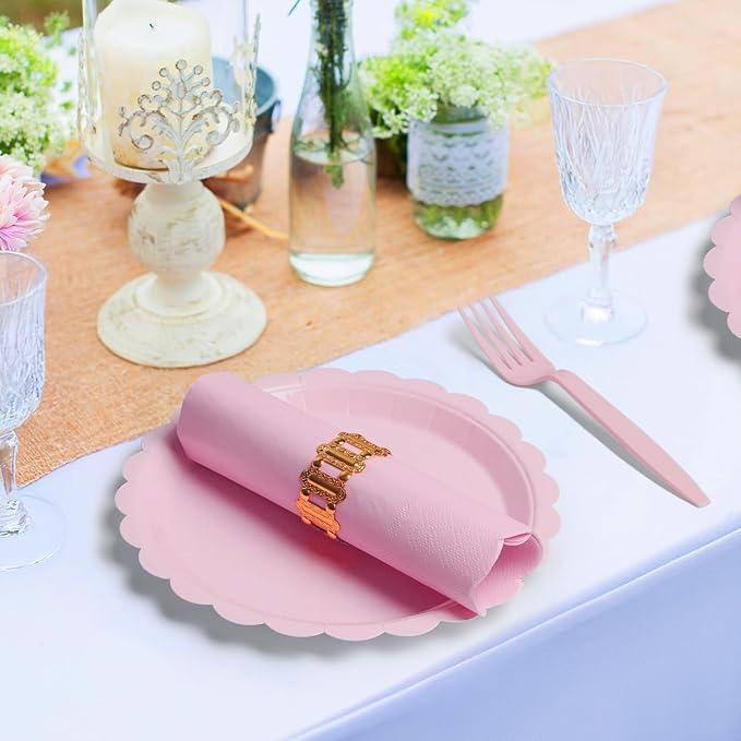 105PCS Paper Plates and Napkins Set,7 Inch Scalloped Disposable Tableware with Forks for Birthdays, Garden Parties & Outdoor Events,Serves 35 (Light Pink)