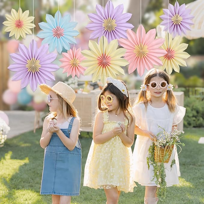 Pastel Paper Fans, Pastel Party Decorations for Classroom, Birthday, 9 PCS Yellow, Pink and Purple Pastel Paper Flower Decorations for Baby Shower, Wall Decor