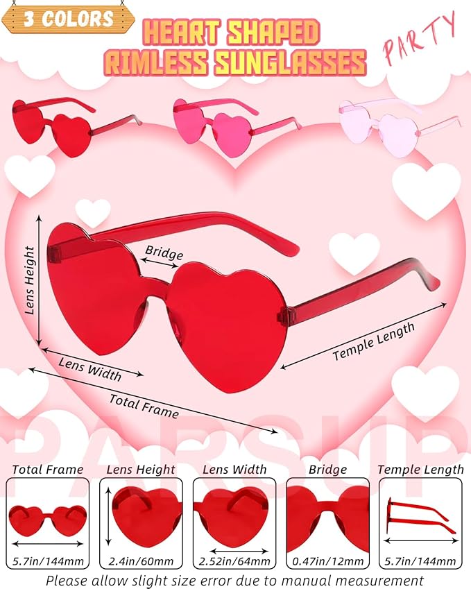 PARSUP 15 Pairs Heart Shaped Rimless Glasses Frameless Heart Sunglasses Transparent Red/Rose Red/Pink Color Glasses Tinted Eyewear Bachelorette Party Favors Photo Booth Props