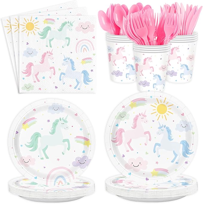 Unicorn Birthday Party Supplies for 24 Guests, Magical Pastel Theme Tableware Set Includes Disposable Paper Plates, Napkins, Cups, Cutlery, Unicorn Birthday Decorations for Girls