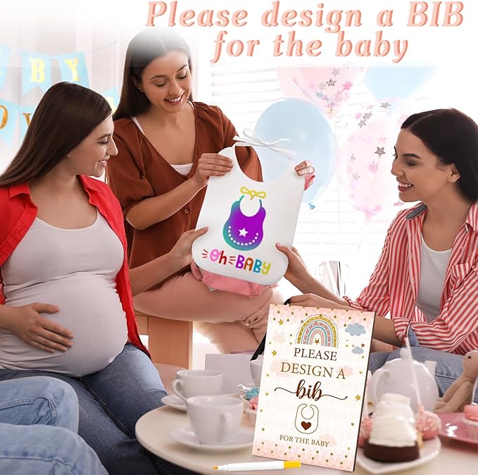 50 Pcs Baby Shower Game White Bib Kit Include 1 Wooden Baby Shower Game Sign 25 DIY Blank White Bibs 24 Colorful Markers(Boho)