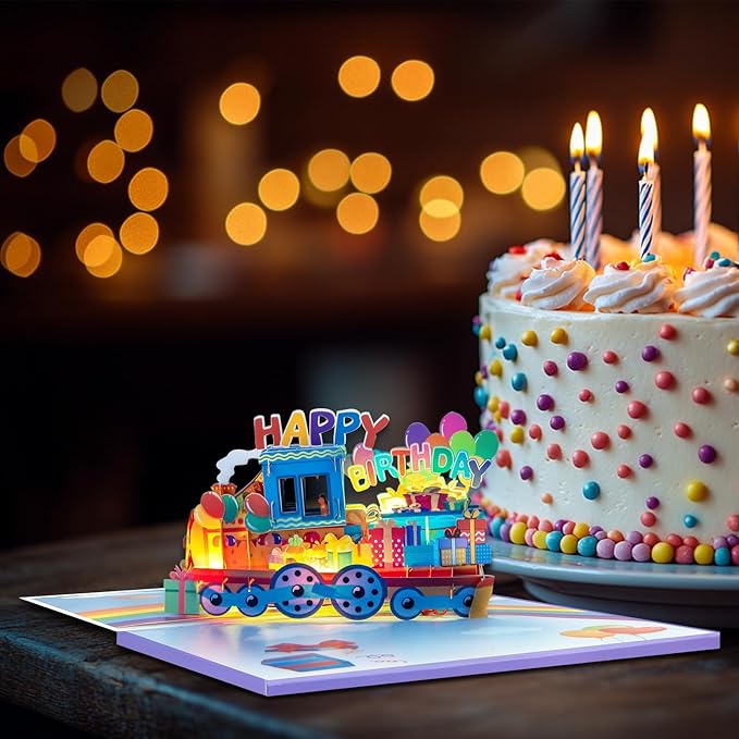 Rainbow Train Music Playing Pop Up Card Happy Birthday Greeting Card with LED Light,3D Birthday Gift for Adults and Kids with Blank Note Card & Envelope, Foldable Celebration Cards
