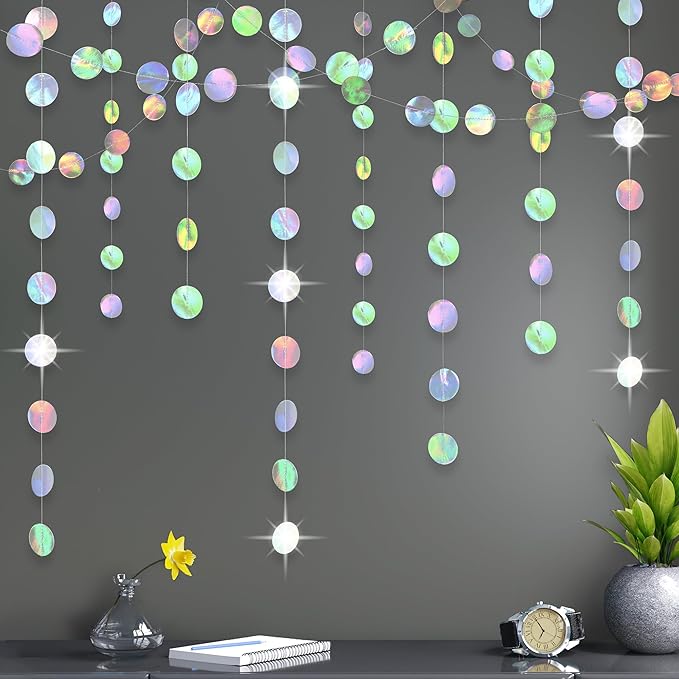 KatchOn, Shiny Iridescent Circles Garland - 4 Strings, No DIY | Disco Silver Garland for Iridescent Party Decorations and Christmas Decor | Holographic Garlands | Happy New Years Decorations 2026