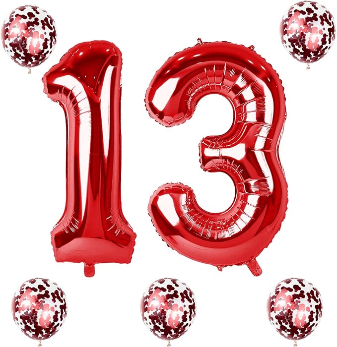 Red 13 & 31 Birthday Balloons - Large Foil Numbers with Red Confetti, Perfect for Girls, Boys, Women, Anniversary & Baby Showers