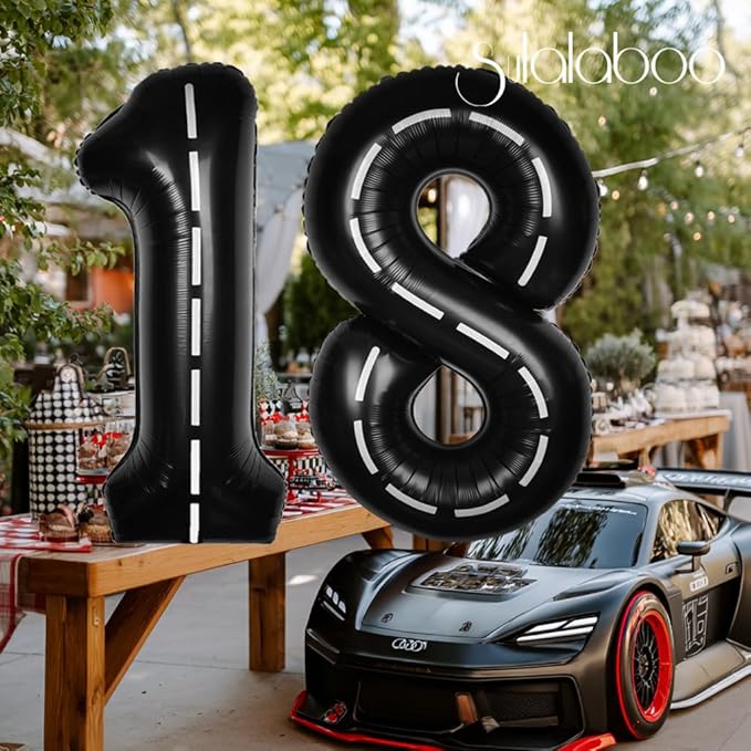 Race Car 40Inch Black 18 Balloon Number Large Helium Race Track 0-9 Giant Digital 18th Foil Mylar Big Party Number Balloons for Boy Birthday Car Theme Party Anniversary Graduation Decorations