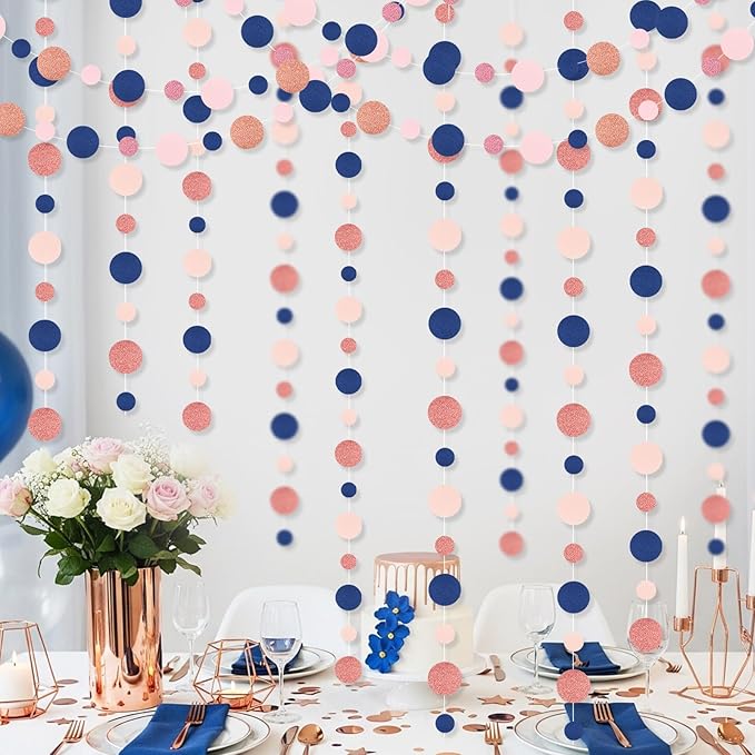 Outus 10 Pieces Blue,Pink,Rose Gold Round Dots Garland Easter Graduation Party Hanging Decor Each Length 13.1ft Glitter Paper Dot Streamers for Birthday Wedding Classroom