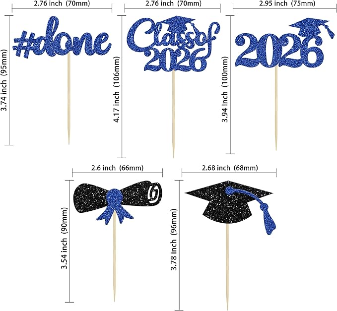 Gyufise 30Pcs Blue Glitter 2026 Graduation Cupcake Toppers Class of 2026 Graduation Done Cupcake Picks Grad Cap Diploma Cake Decorations for 2026 Graduation Theme Party Cake Decorations Supplies
