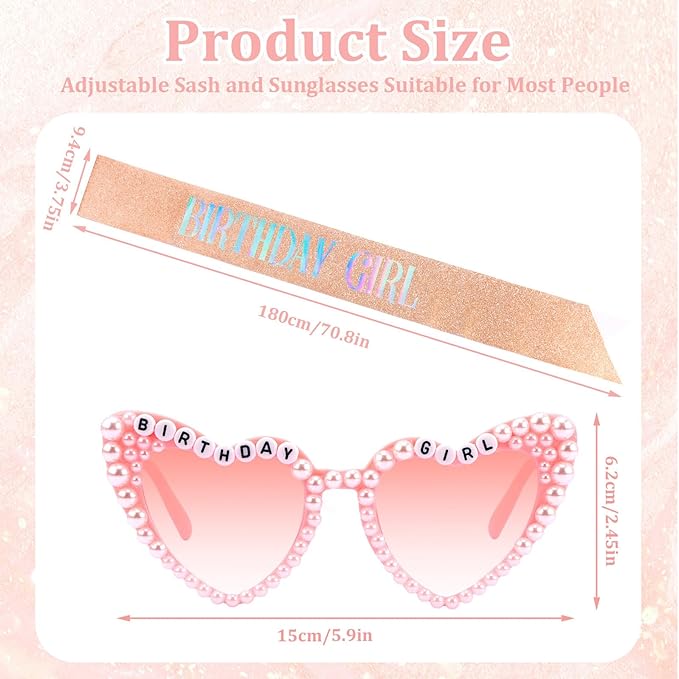 Birthday Girl Sash & Glasses Set, Birthday Sash for Women Girls, Rose Gold 70.8" * 3.75", Happy Birthday Accessories Party Favors Set for Women Girls