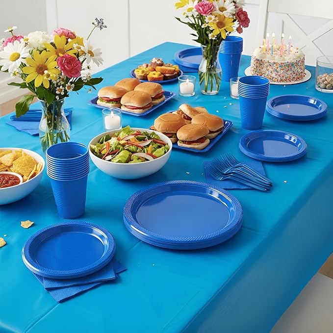 Blue Plastic Plates for Party,30 Guest Disposable Plastic Plate Set 9" Plates,7" Dessert Plates,Napkins,12 oz Cups,Forks & Tablecloth for Birthday,Graduation,Picnic,Father's Day Party