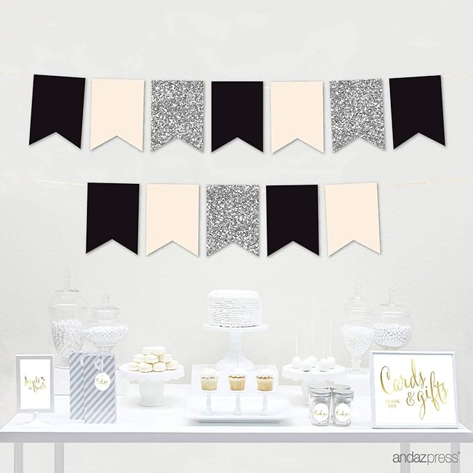 Andaz Press Hanging Pennant Banner with String, Black, Ivory, Silver Glitter, 1-Set, 24 Pennants, Approx. 12-Feet Long