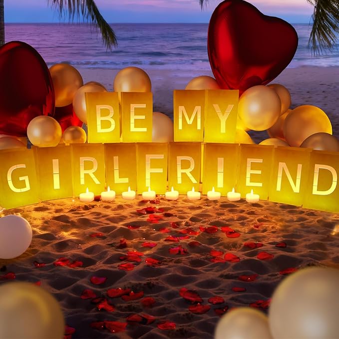 Be My Girlfriend Light Up Letters, Include Light up Letters, with Tea Lights Candles, Latex Balloons, Aluminum Balloons and Rose Petals, Anniversary and Valentines' Day Decorations for Women
