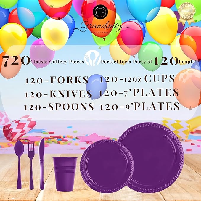 Grandipity 720 Piece Disposable Dinnerware Set, Plastic Dinnerware Set Includes 120 Count 9' Dinner Plates, 7' Dessert Plates, 12oz Cups, Forks, Knives & Spoons - Purple