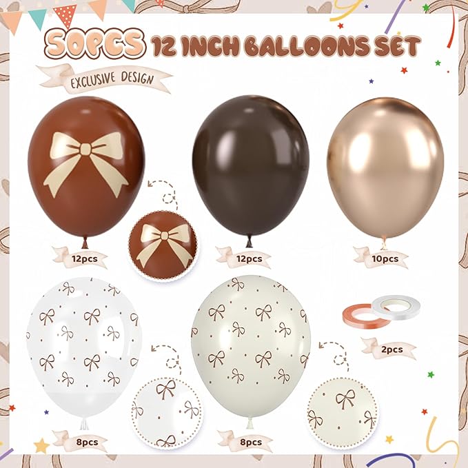 Brown Bow Balloons, Neutral Brown Balloons 50pcs 12 Inch Dark Coffee Tan Metallic Gold Nude Sand White Clear for Girl Women Brown Birthday Bow Theme Party Wedding Engagement Coffee Decoration