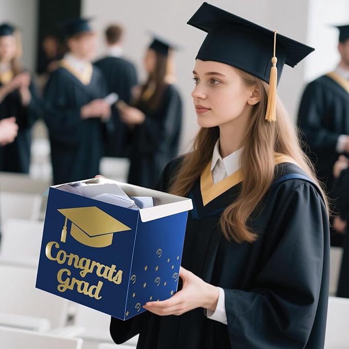 Graduation Card Box Holder, Congrats Grad Foldable Cardboard Decorations Box for Graduation Party Decoration and Grad Parties (Blue)