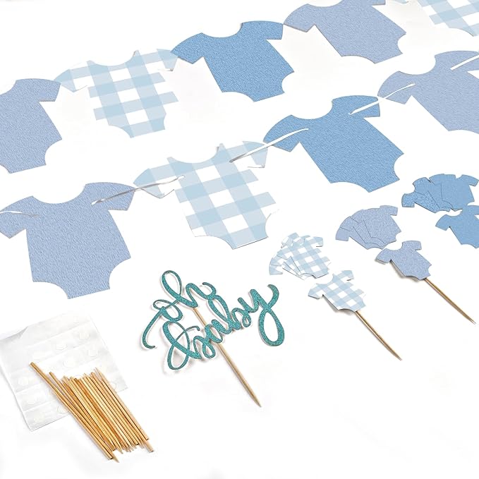 2 Pack Boy Blue Bodysuit Banner,1Pcs Blue Glitter Cake Toppers,12 Pcs Cupcake Toppers Happy Birthday Decoration Kit-Bodysuit Theme Kit Party Decoration Baby Shower Party Supplies Decor for Baby Shower