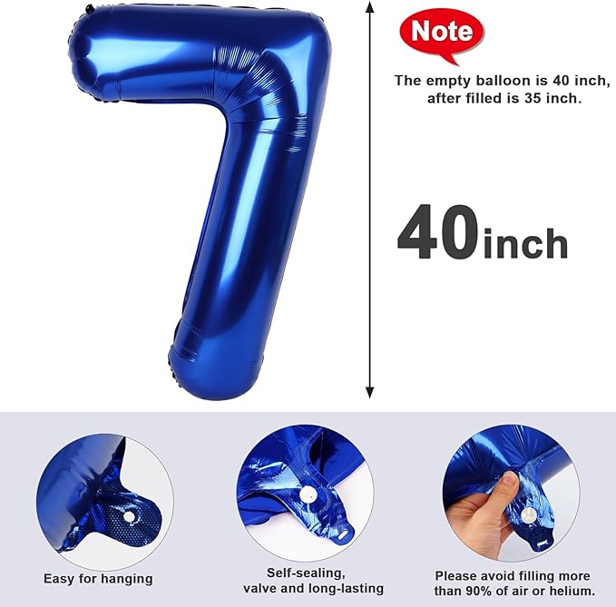 40 Inch Number 7 Balloon, Navy Blue Seven Birthday Decor, 7 17 27 70 Year Old Balloon Number for Engagement, Wedding, Graduations