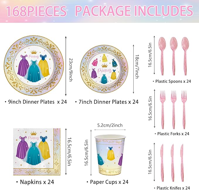 168pcs Princess Birthday Party Decorations Princess Plates Napkins Girls Paper Cups Party Supplies Disposable Tableware Set for Kids Girls Birthday Decor 24 Guests
