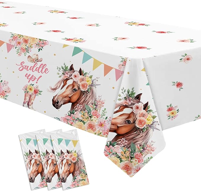 Cowgirl Party Decorations Tablecloth, 3Pcs Disposable Saddle Up Horse Party Tablecover Supplies for Girls, Western Wild West Cowgirl Birthday Baby Shower Table Cloth, 86in x 55in