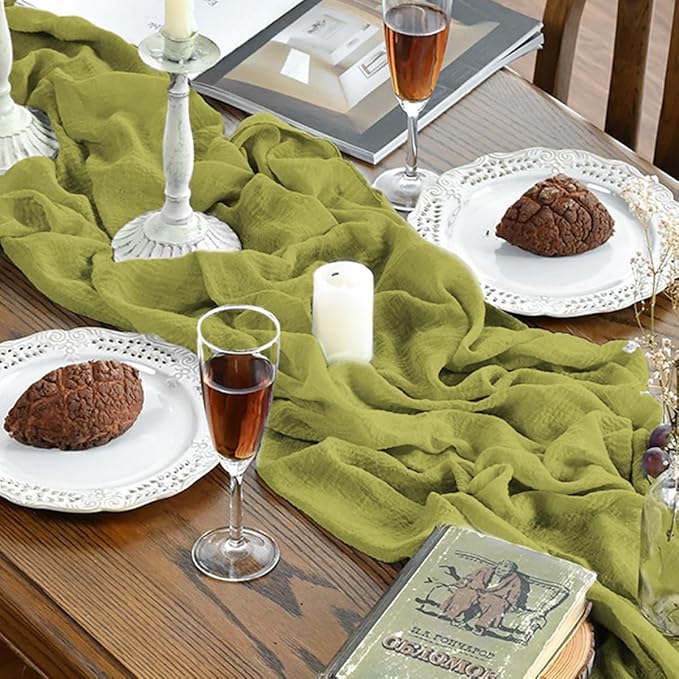 Artoid Mode 6pcs Boho Cheesecloth Gauze Grass Green Wedding Table Runner, 120 Inch Seasonal Spring Fabric Kitchen Dining Holiday Table Decor for Home Party Indoor