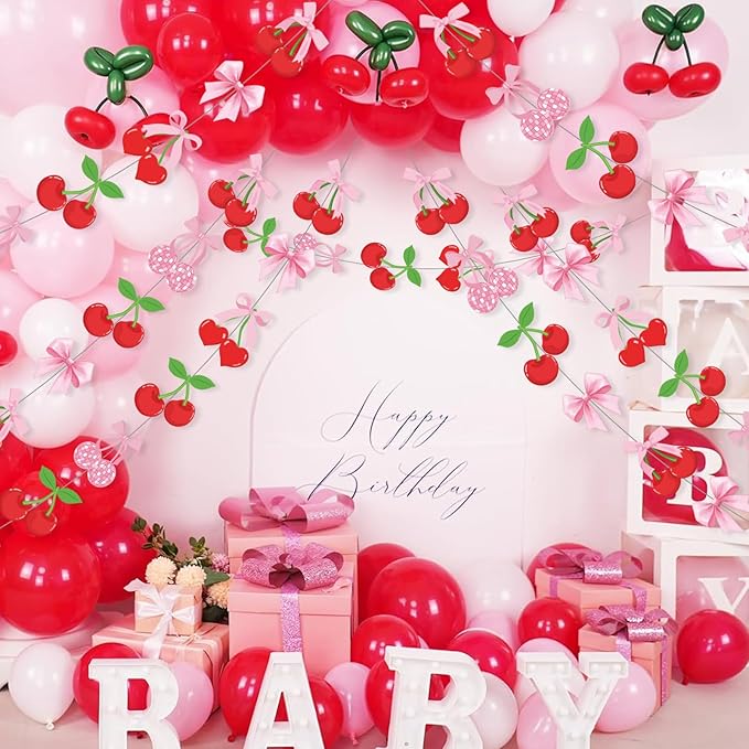 Xinnun Cherry Party Decorations Pink Bow Hanging Banners Garland Cherry Baby Shower Decorations Cutouts Ribbon Streamers for Berry Birthday Bridal Engagement Bachelorette Wedding Party Decor