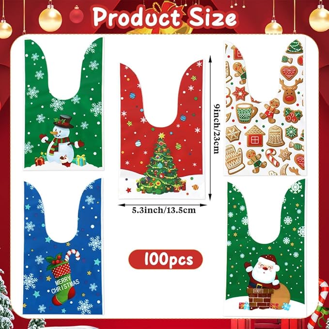 Christmas Treat Bags, 100 Pcs Xmas Plastic Cellophane Goodie Candy Cookie Rabbit Ears Gift Bag, Plastic Snack Goody Present Wrapping Bag for Christmas Holiday Event Party Favors Decoration (5 Designs)