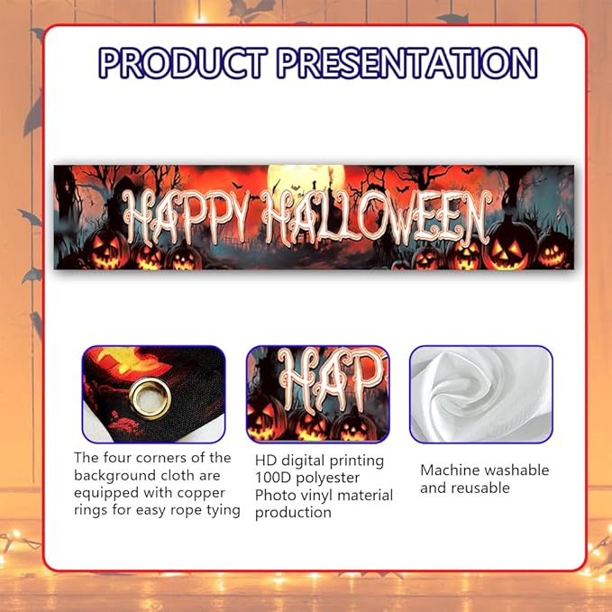 Happy Halloween Banner Large 120 x20 Inch Yard Sign Banner Flag Scary Halloween Party Hanging Decorations for Outdoor Fence Garage Garden Porch Holiday Backdrop Decor