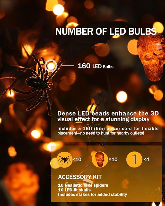 6ft Black Maple Halloween Tree with LED Skull Lights & Spiders, 160 Bulbs, Dimmable Timer, 16ft Cord, Indoor & Outdoor Decor