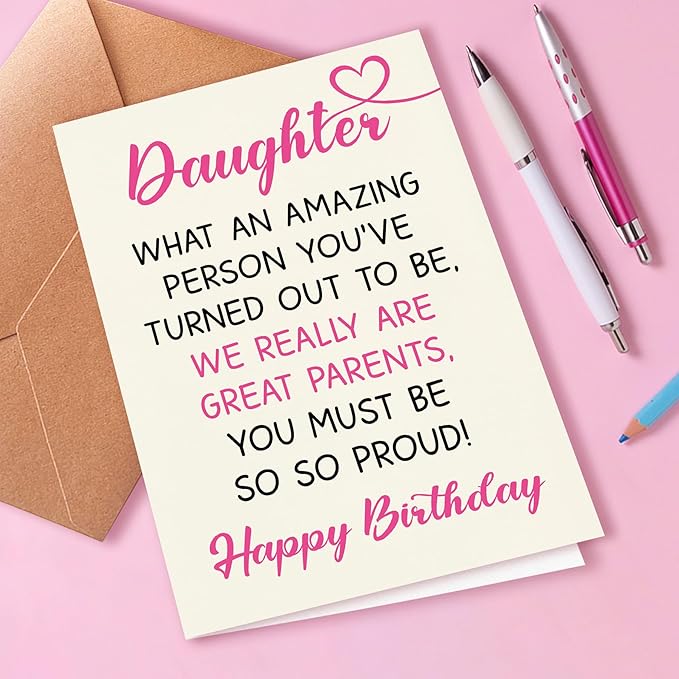 Cute Birthday Card from Mom and Dad to Daughter, Great Parents, Wonderful Daughter, Love Card with Envelope