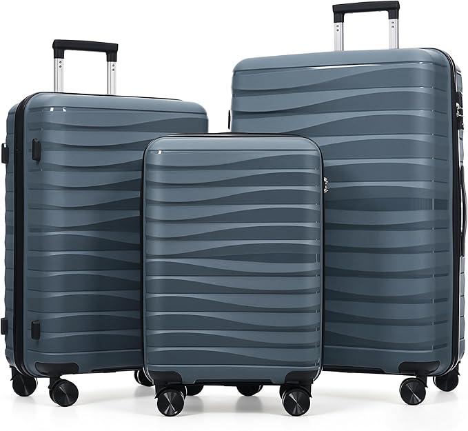 Hardside Luggage Sets, Lightweight Wave Suitcase with Spinner Wheels, PP Grey