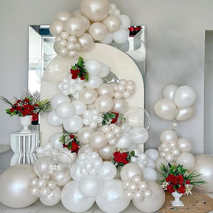 Pearl White Balloon Garland Arch Kit, Pearl Sand White and Pearl White Latex Balloons Long Balloons with Different Sizes for Wedding Engagement Bridal Shower Birthday Baby Shower Party Decoration