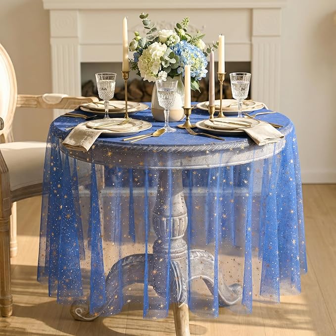 Horaldaily Royal Blue Gold Sparkling Star Gauze Tablecloth 60x60 Inch Round, Golden Star Sequin Glitter Metallic Foil, Sheer Tulle Cheesecloth for Wedding Baby Shower Party