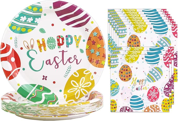 40 Pack Easter Plates and Napkins Party Supplies Set, Easter Egg Disposable Paper Dinner Plates and Napkins for Spring Party Supplies Decorations Serves 20 Guests