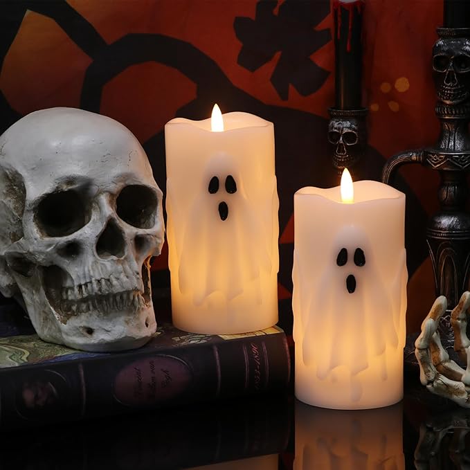 Halloween Ghost Flameless Pillar Candles with Remote Timer, Battery Operated LED Candles for Halloween Decorations Indoor Halloween Home Decor Gifts (2 Pack, 3” x 6.5”)