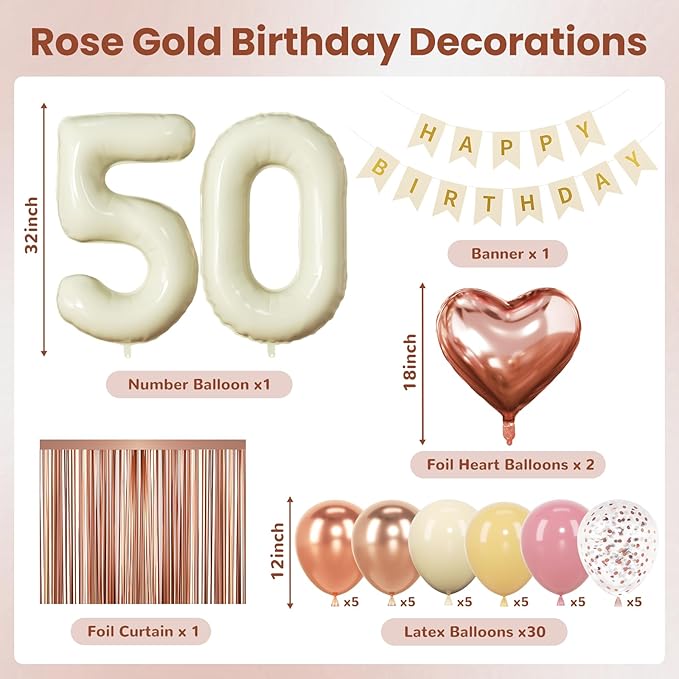 50th Birthday Decorations for Women, Retro Sand White and Cream Balloon Garland Kit, Cream Number 50 Balloon, Pink Happy 50th Banner, Milestone Party Supplies