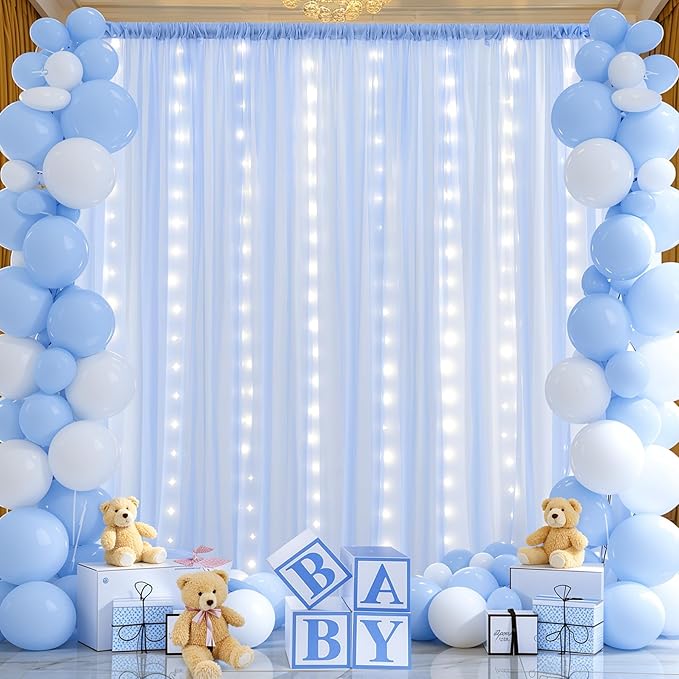 10x10ft Baby Blue Chiffon Backdrop Curtain with Lights String for Wedding Sheer Tulle Curtain Photo Backdrops Drapes for Baby Shower Birthday Party Home Ceremony Decorations