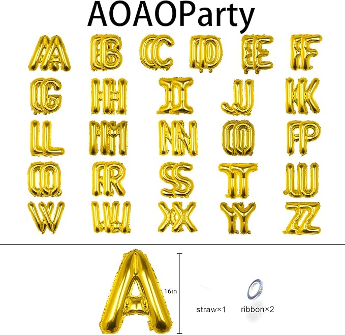 52PC Letter Balloons Foil Mylar Gold Balloons A-Z 16Inch Hanging Alphabet Balloon Custom Phrase for Birthday Anniversary Wedding Party Decorations