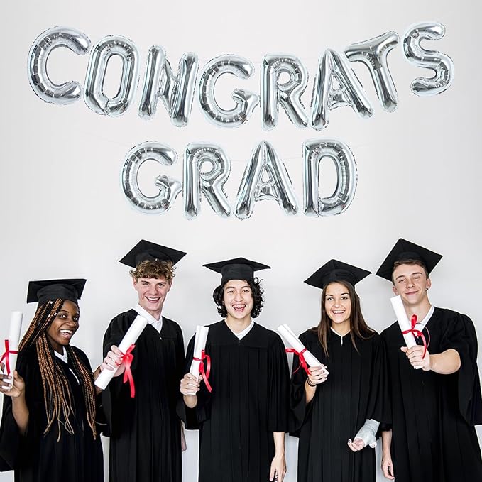 TONIFUL 2026 Congrats Grad Balloons - 16 Inch Silver Congrats Foil Balloons Banner Reusable Material for Graduation Party Graduate Congratulations 2026 Congrats Grad Decorations